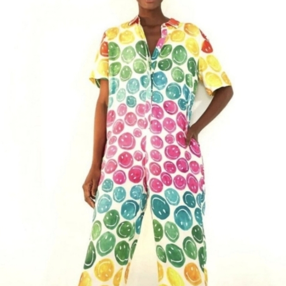 Sz M L NWOT Farm Rio Smiley LGBTQ+ Pride Rainbow Smile Jumpsuit Pants - Picture 2 of 8